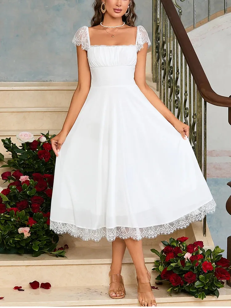 White Lace Square Neck Backless Tie Up Dress