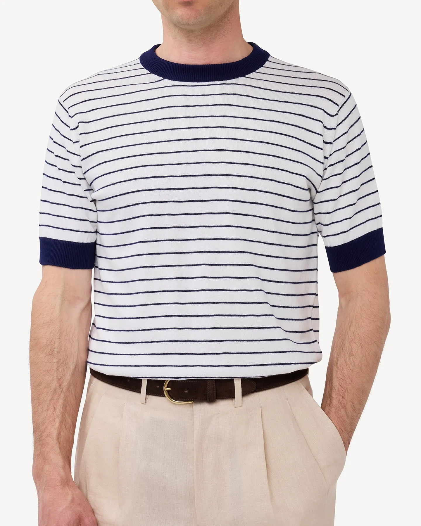 White Navy Breton Stripe Knitted T-Shirt