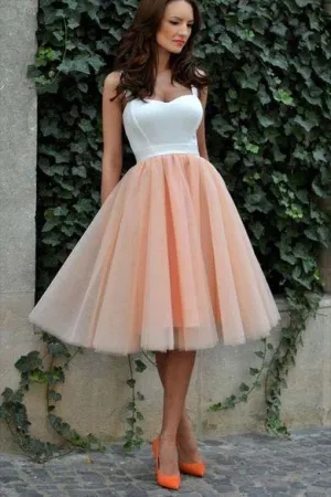 White&Blush Pink Tulle Homecoming Gown with Double Straps