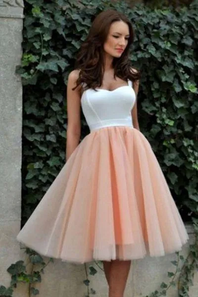 White&Blush Pink Tulle Homecoming Gown with Double Straps