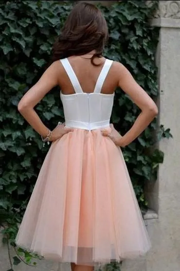 White&Blush Pink Tulle Homecoming Gown with Double Straps