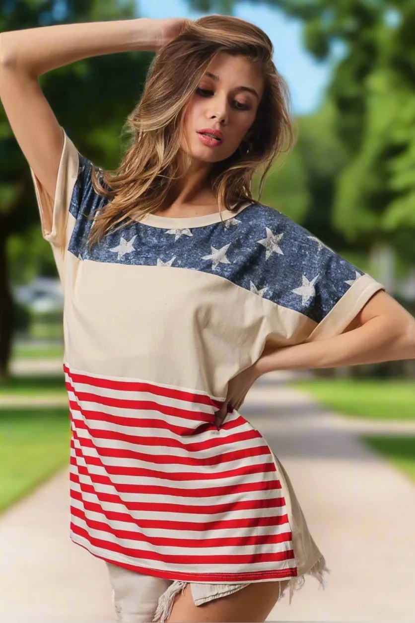Women's BiBi American Flag Short Sleeve T-Shirt | Patriotic Stars and Stripes Tee