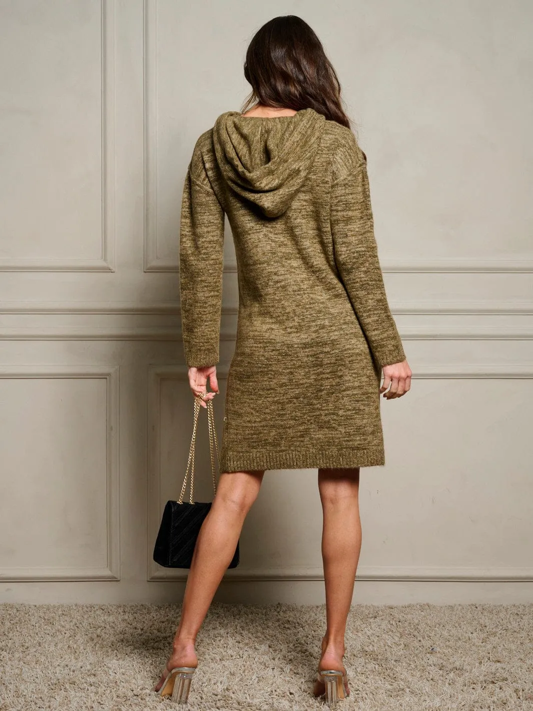 WOMEN'S LONG SLEEVE V-NECK HOODED SWEATER MINI DRESS