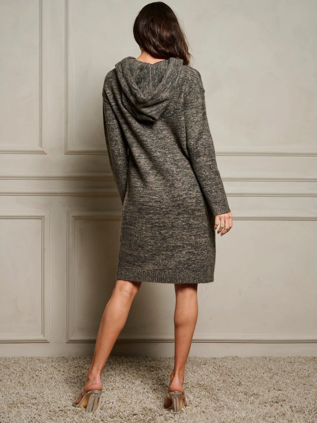 WOMEN'S LONG SLEEVE V-NECK HOODED SWEATER MINI DRESS