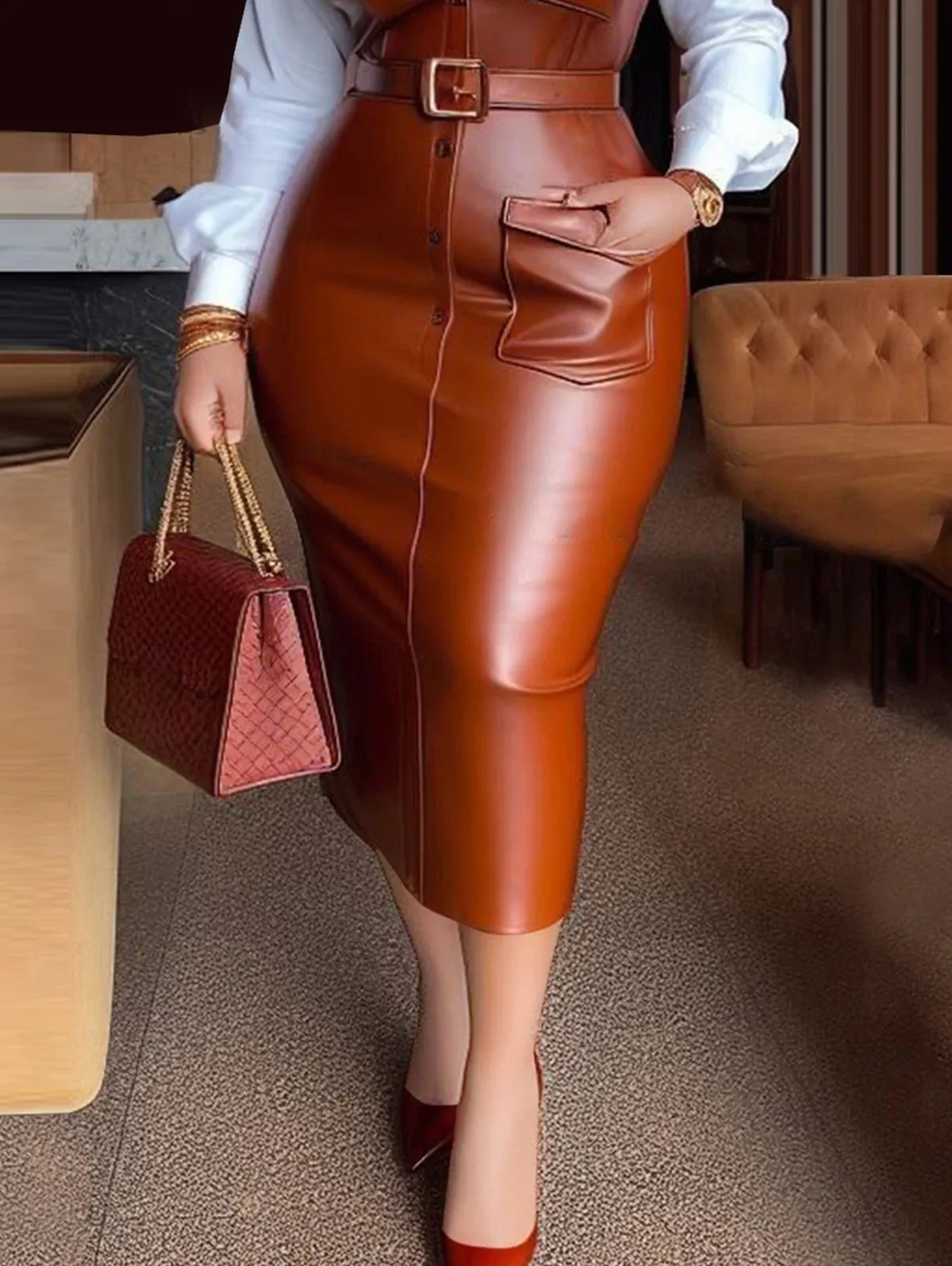 Women's Shirt Collar PU Leather Patchwork Midi Dress