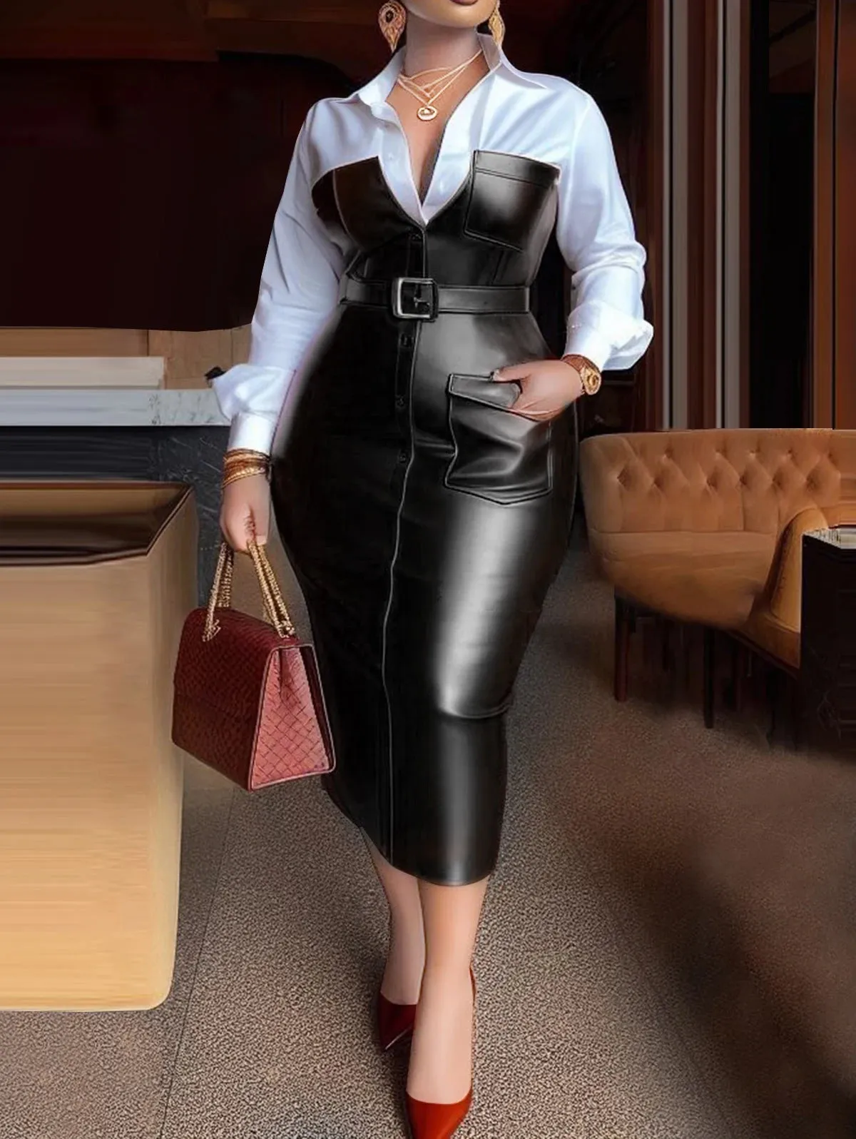 Women's Shirt Collar PU Leather Patchwork Midi Dress