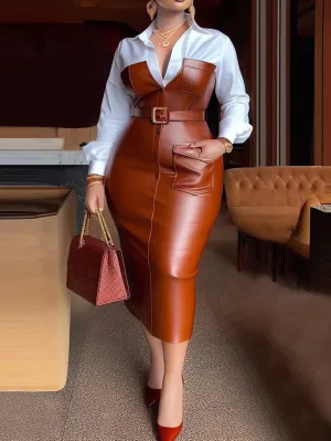 Women's Shirt Collar PU Leather Patchwork Midi Dress