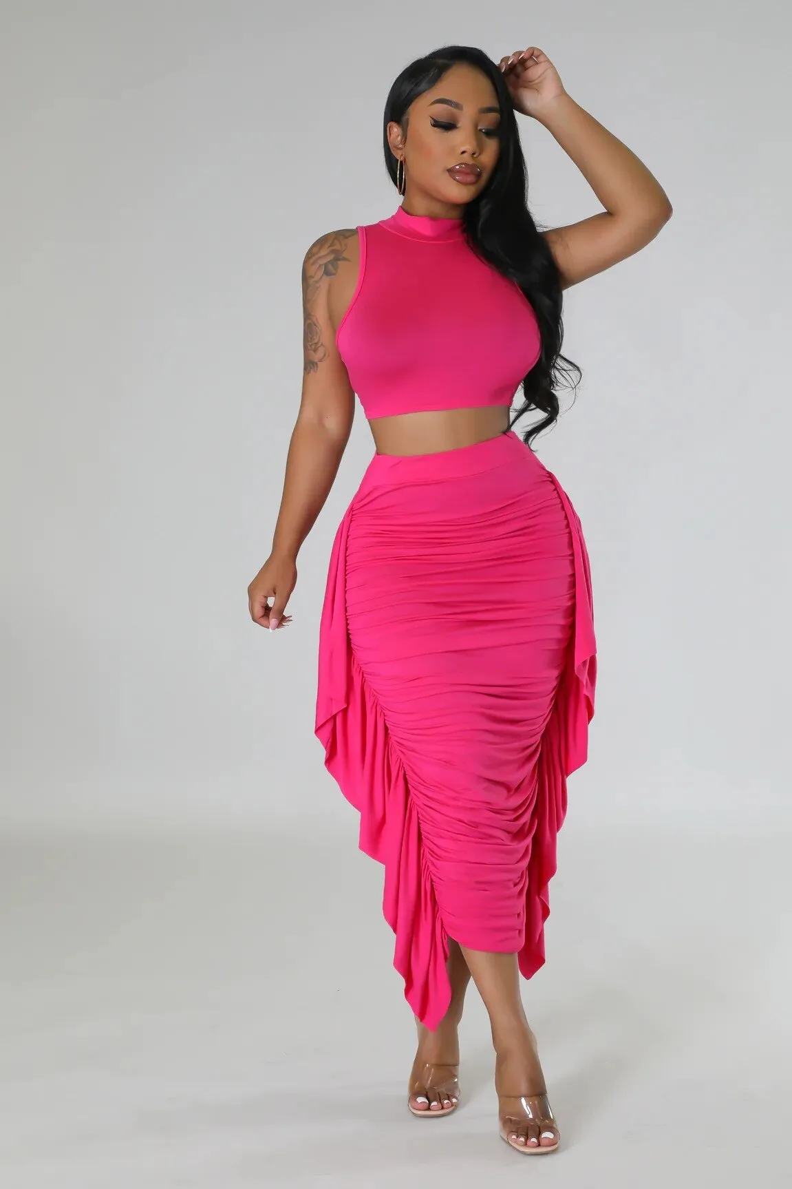 Yaya Striped Printed 2 Piece Ruffles Maxi 2PCS Set
