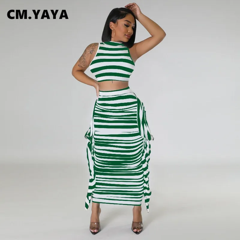 Yaya Striped Printed 2 Piece Ruffles Maxi 2PCS Set