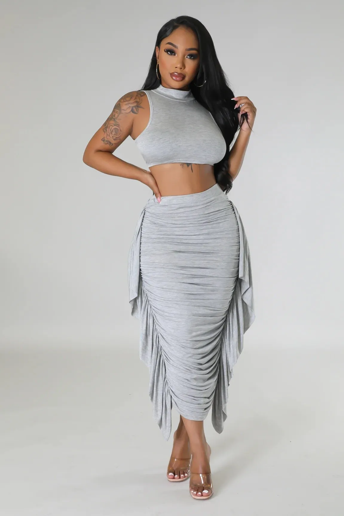 Yaya Striped Printed 2 Piece Ruffles Maxi 2PCS Set