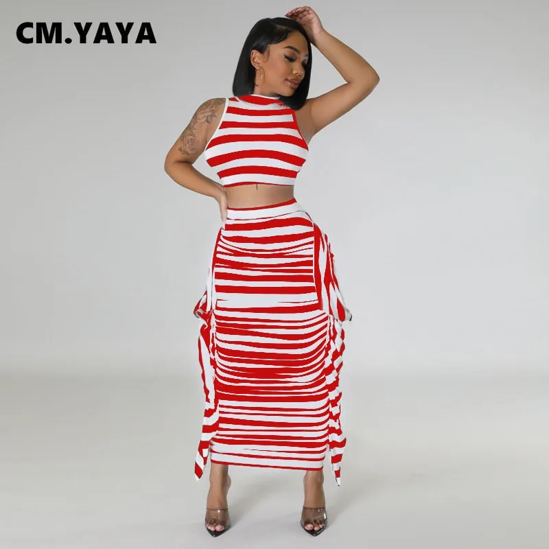 Yaya Striped Printed 2 Piece Ruffles Maxi 2PCS Set