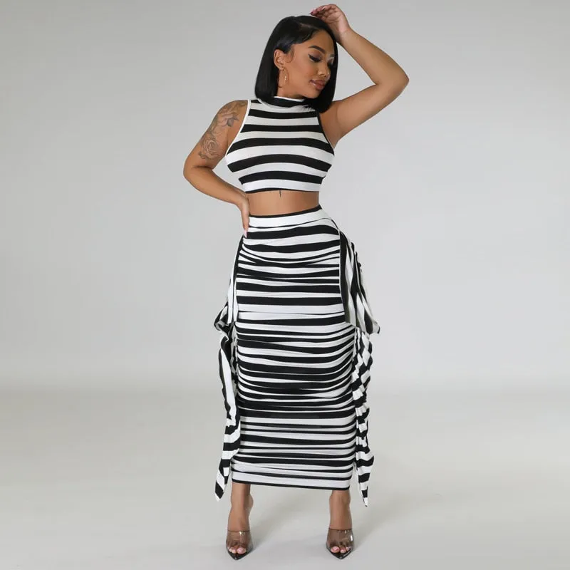 Yaya Striped Printed 2 Piece Ruffles Maxi 2PCS Set