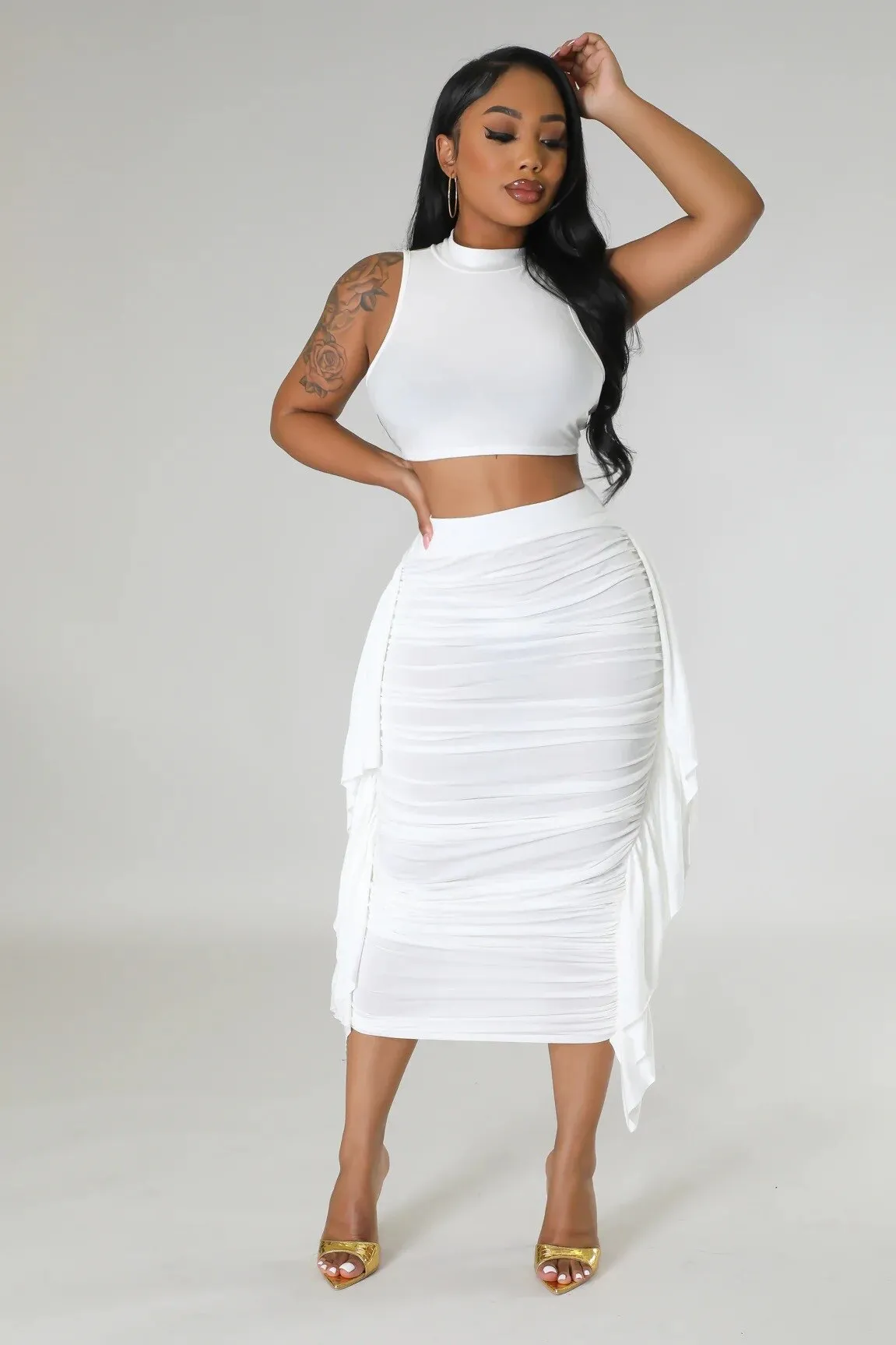 Yaya Striped Printed 2 Piece Ruffles Maxi 2PCS Set