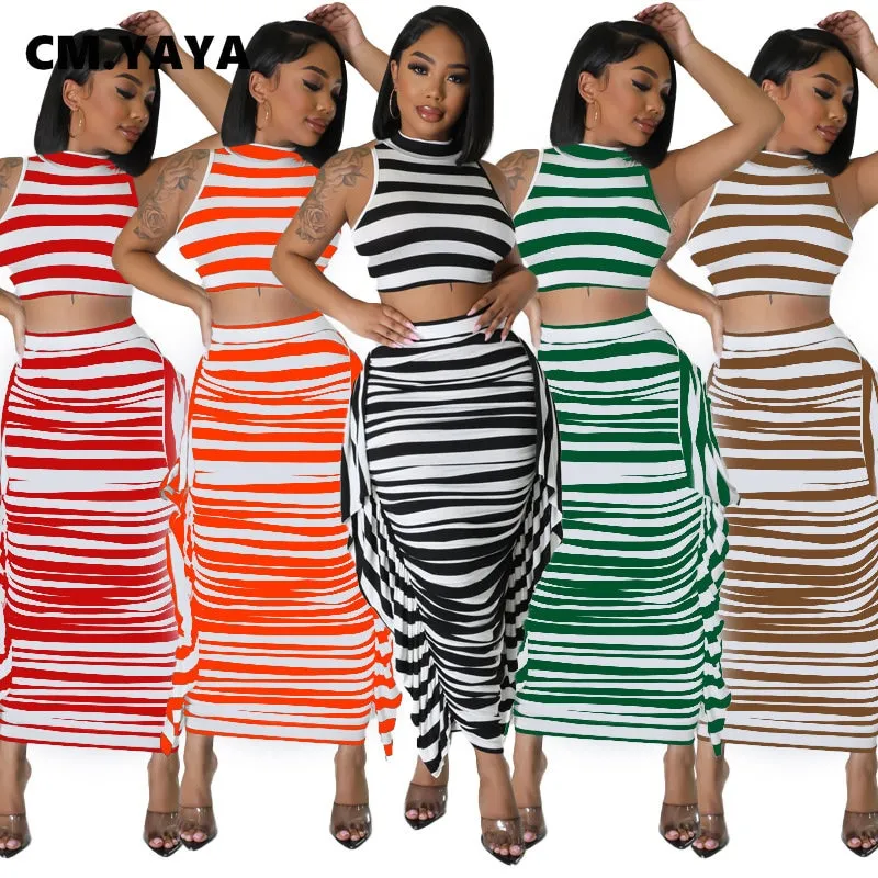 Yaya Striped Printed 2 Piece Ruffles Maxi 2PCS Set