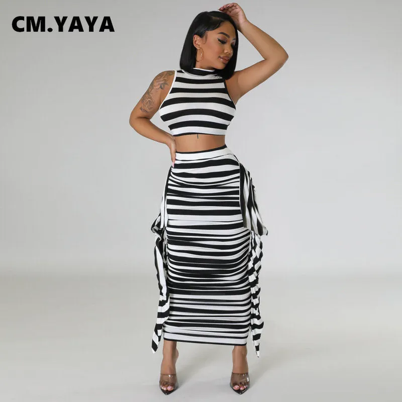 Yaya Striped Printed 2 Piece Ruffles Maxi 2PCS Set