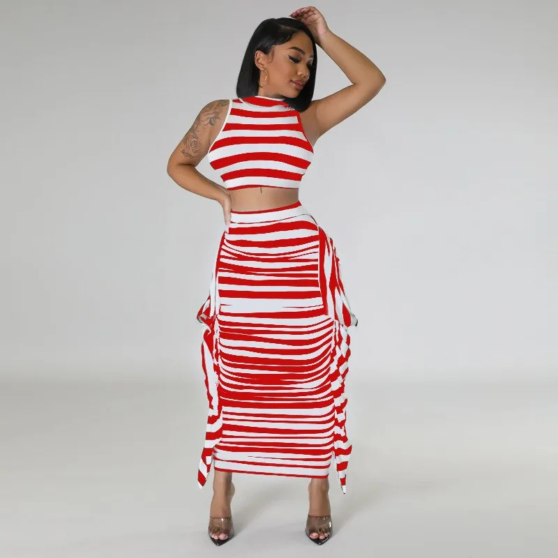 Yaya Striped Printed 2 Piece Ruffles Maxi 2PCS Set