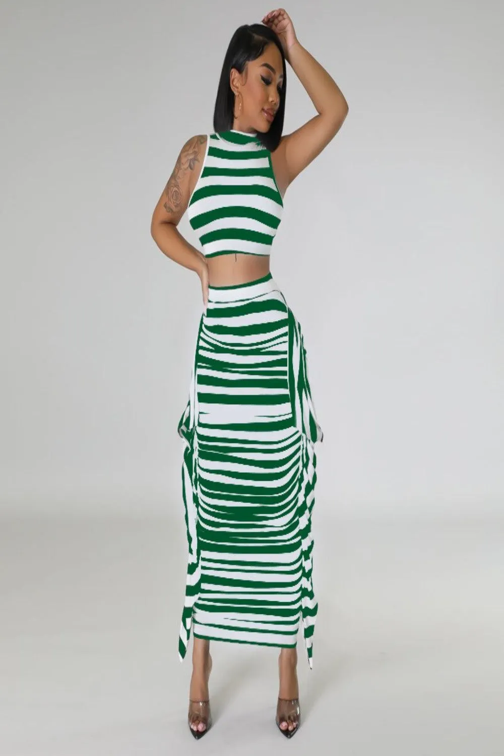 Yaya Striped Printed 2 Piece Ruffles Maxi 2PCS Set
