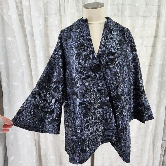 Yushi Kimono Jacket XL Art To Wear Swing Lagenlook Dark Floral Artsy Asian Flowy